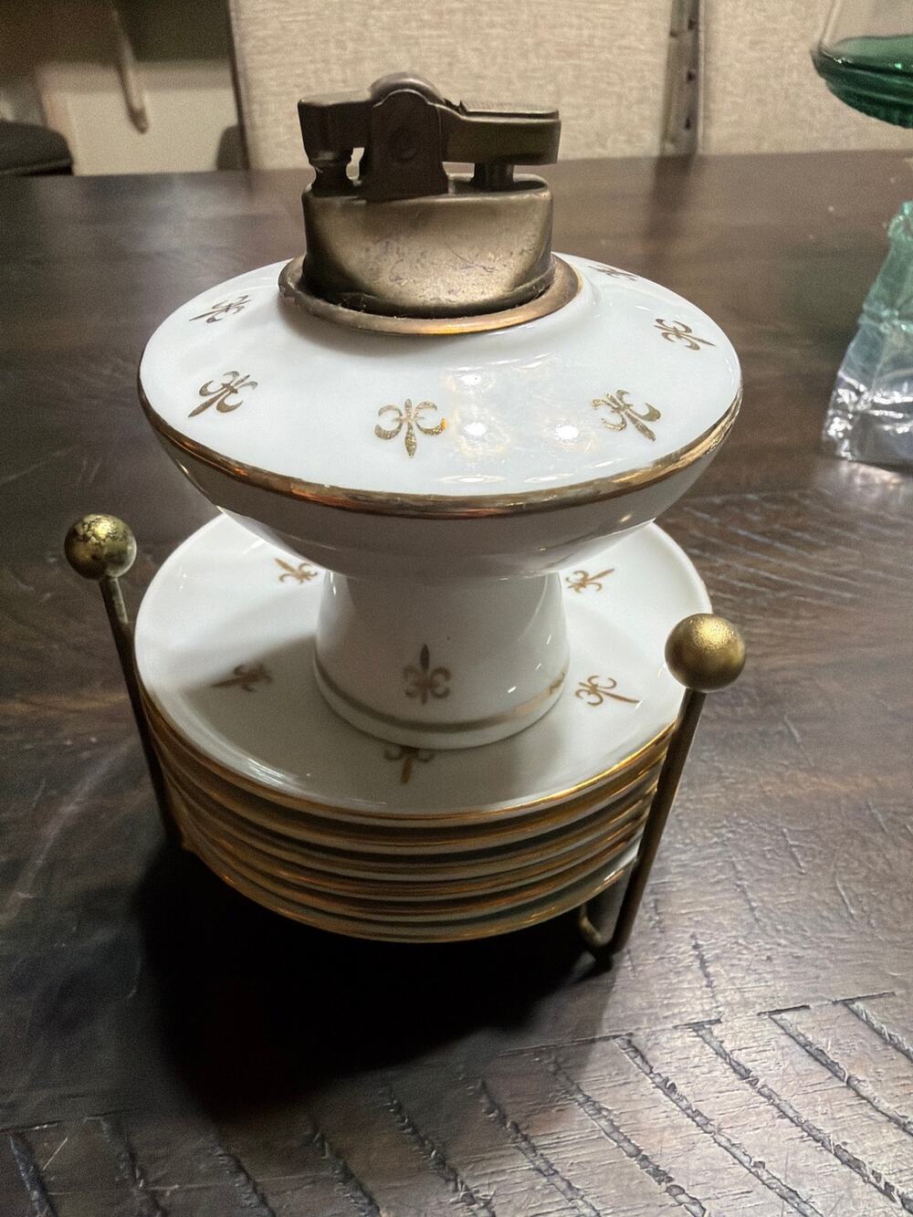 Vtg Table Porcelain Smoking Set Penguin Lighter 6 Dishes Gold Fleur de Lis Stand